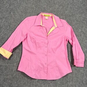 Sigrid Olsen Pink Yellow Cotton 3/4 Sleeve Button Up Shirt Women's Size Medium‎